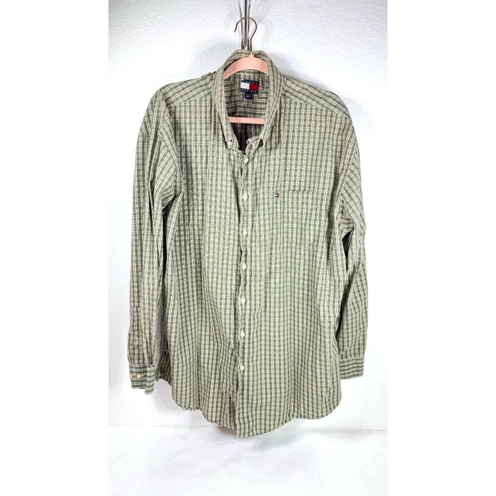 Tommy Hilfiger Vintage Mens XXL Long Sleeve Button Down Green Plaid Cotton Shirt